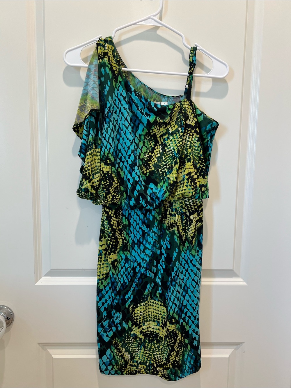 Emma & Michele Teal and Lime One-Shoulder Print Dress